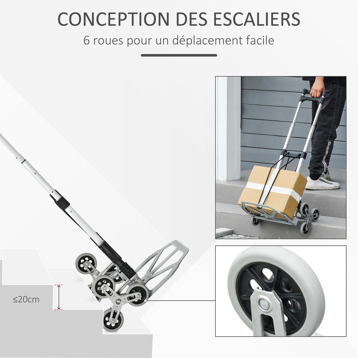 TREPPENSACKKARREN DE-18146 6 Rollen, klappbar, Aluminium Silber-Schwarz - Silberfarben, Metall (47/47/100cm) - ComfortXL