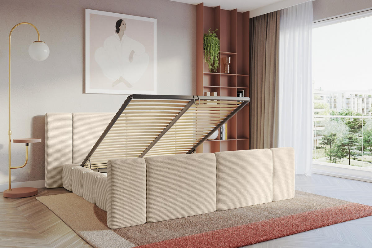 POLSTERBETT mit Bettkasten, Fußteil und Lattenrost, Bett mit Matratze H3/H4 - NILO-Z 200x200 Beige - Creme, Holzwerkstoff/Textil (200/200cm) - ALTDECOR