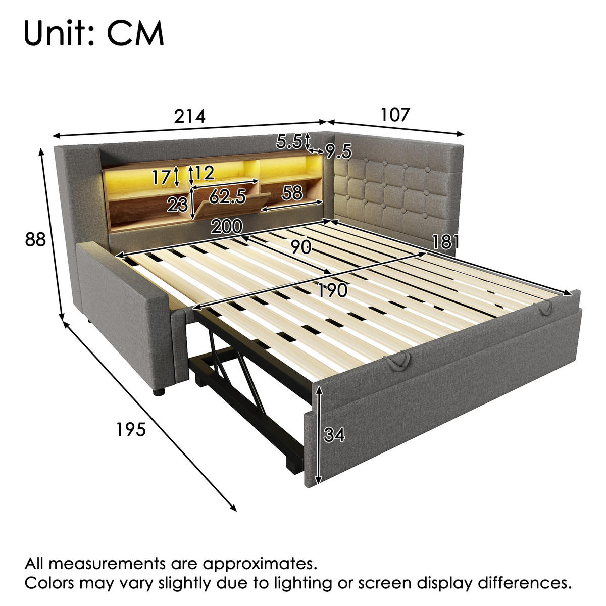 POLSTERBETT 90/200 cm mit Ausziehbett, LED-Beleuchtung, USB-Anschlüssen und Stauraum, Leinen/Metall, Grau - Grau, Textil (90/200cm) - Redom