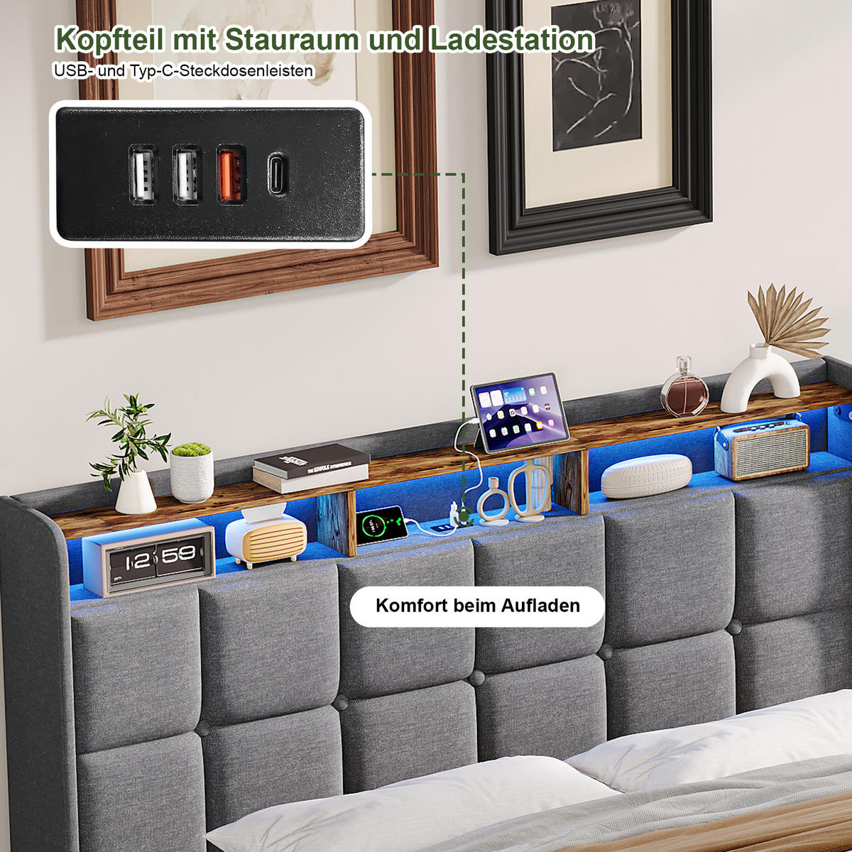POLSTERBETT 140x190cm Grau Leinen Pneumatik LED USB-C - Grau, Metall - SHOPENTRA