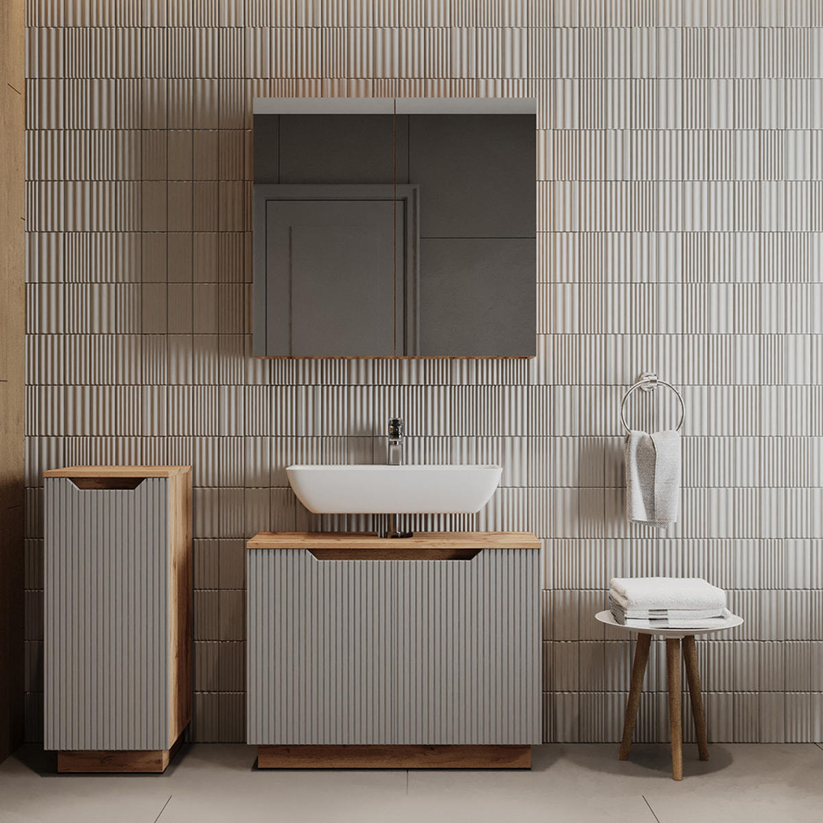 BADMÖBEL-SET Lotta Eiche/grau gestreift 3 Teile - Grau, Holzwerkstoff (79.6/62.1/32cm) - Vicco