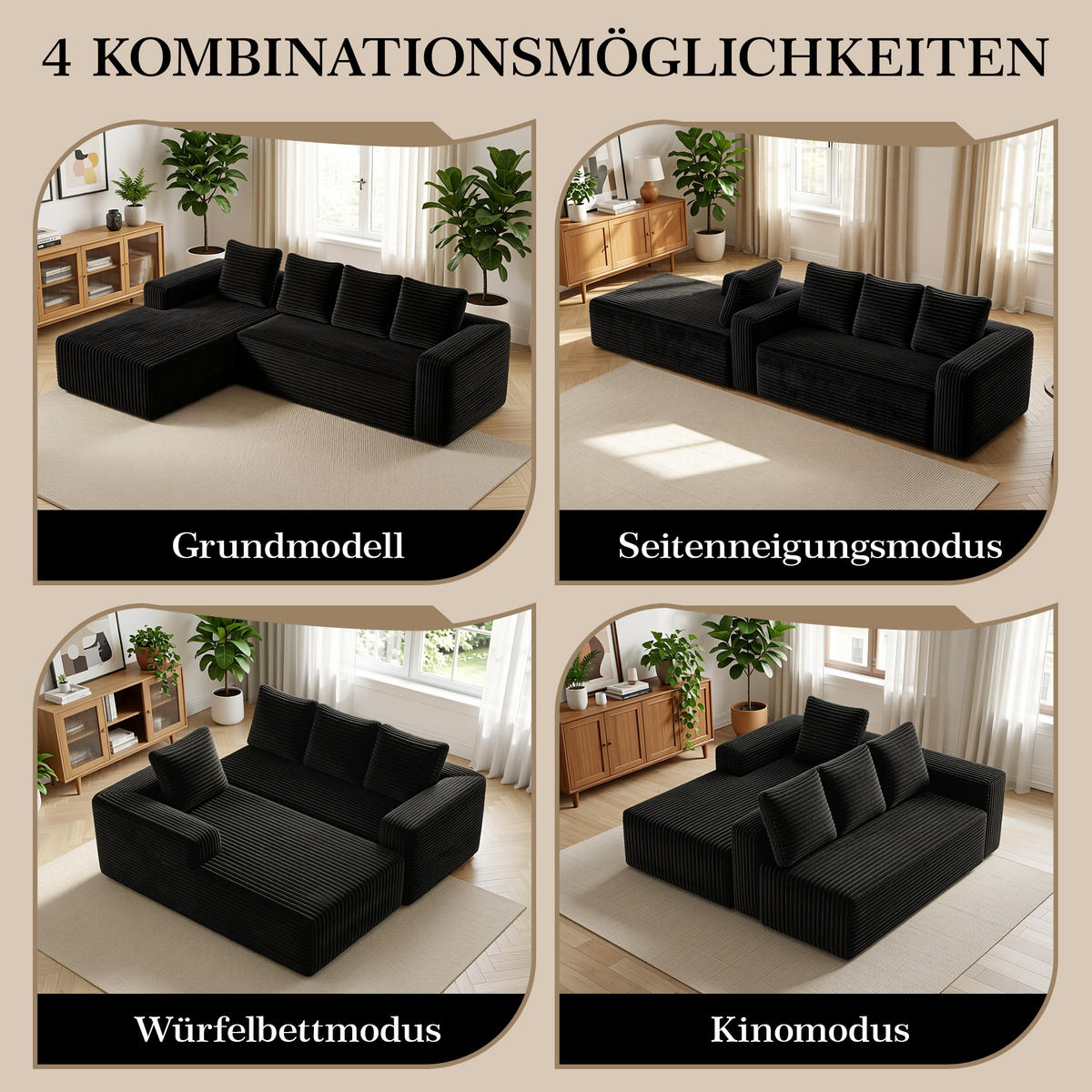 ECKSOFA Cloud L-Form mit rechter Chaise, DE-42592, Schwarz - Schwarz, Textil (261/168cm) - ComfortXL