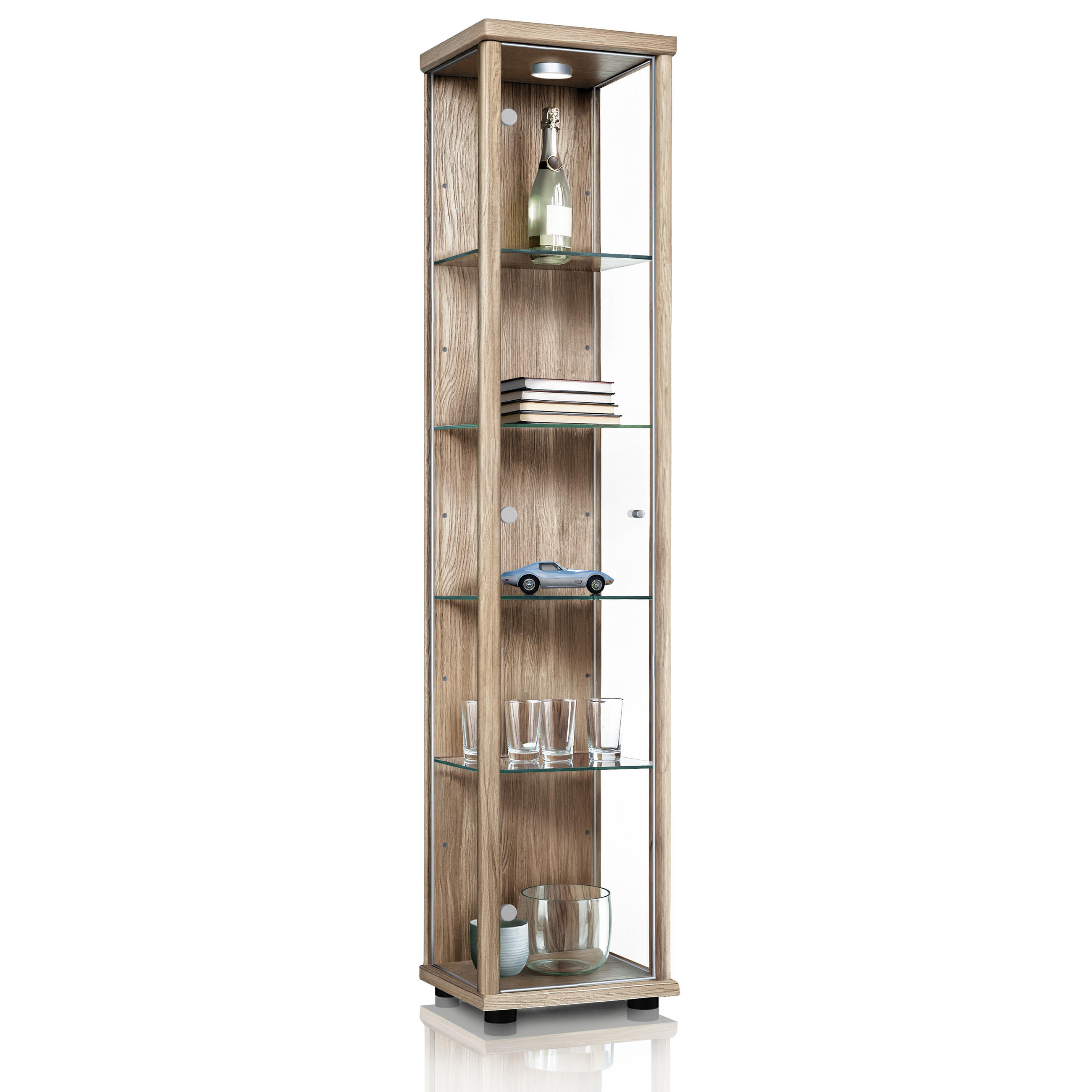 GLASVITRINE 33/37/176 cm mit LED & 4 höhenverstellbaren Glasböden - Transparent/Silberfarben, Glas/Holzwerkstoff (37/176/33cm) - K-Möbel
