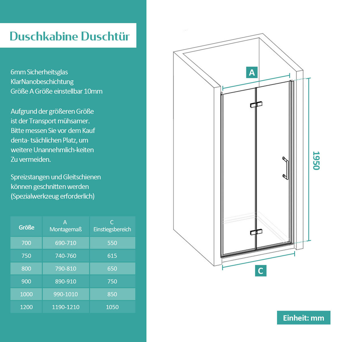 DUSCHTRENNWAND Drehfalttür Chrom 75/195 cm - Chromfarben, Glas (75/195cm) - EMKE