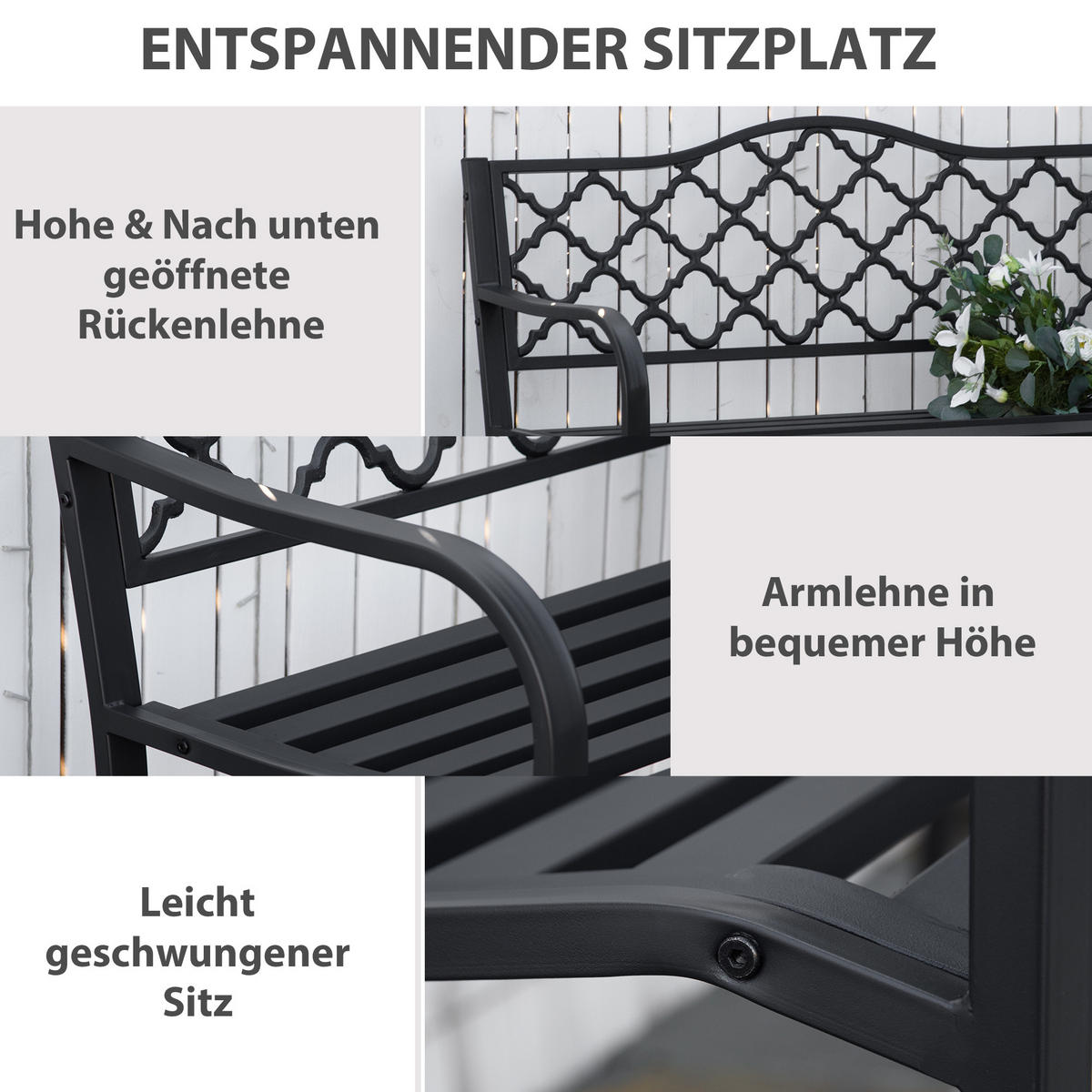 GARTENBANK, 2-Sitzer, bis 240 kg, 128 x 58,5 x 89 cm, Gusseisen, Schwarz - Schwarz, Metall (128/89/58.5cm) - Outsunny
