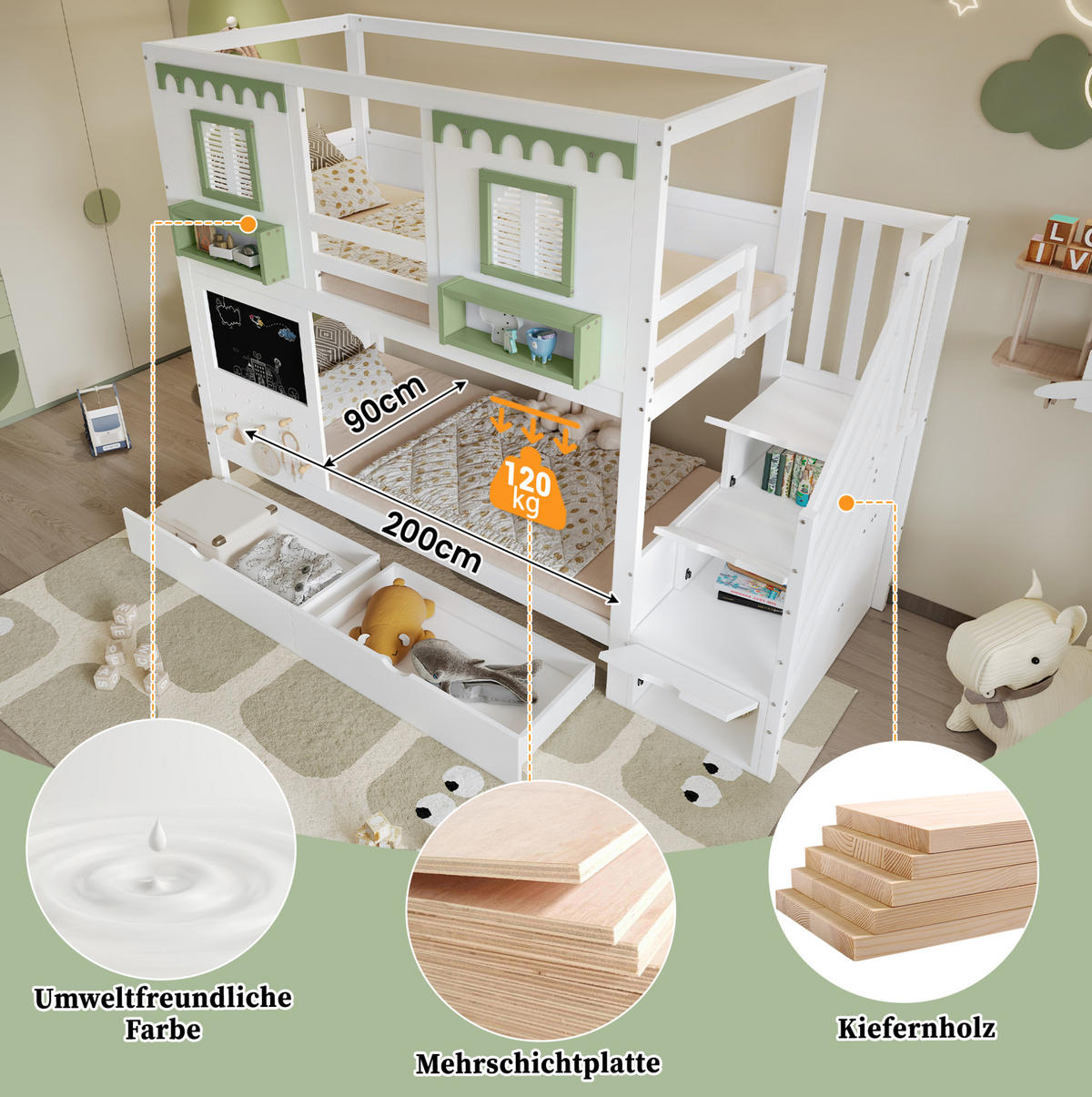 POSCHODOVÁ posteľ 90/200 cm bielo-zelená z masívu a MDF s úložnými schodmi a 2 zásuvkami - biela, drevo (90/200cm) - OKWISH