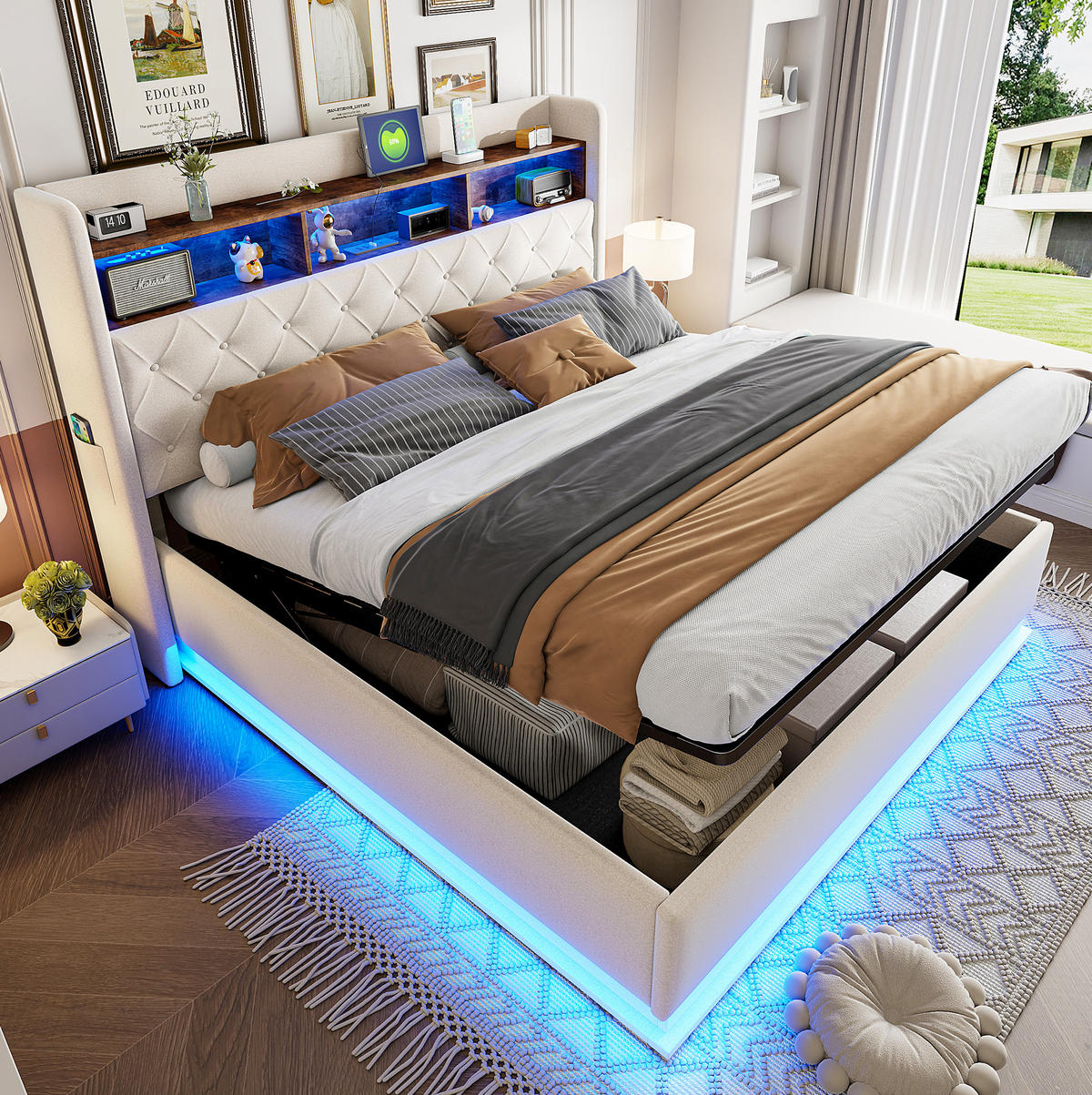 ČALÚNENÁ posteľ 180/200 cm s LED osvetlením, USB nabíjaním a hydraulickým úložným priestorom, Beige/Grau - béžová, textil (180/200cm) - Redom