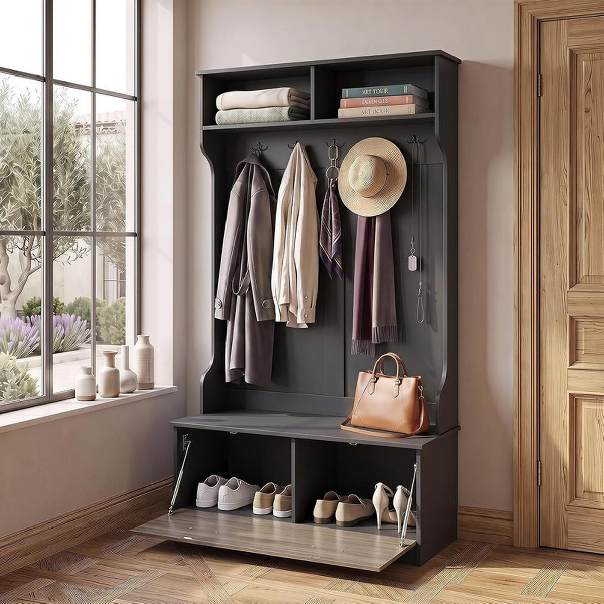 GARDEROBENSTÄNDER mit Schuhschrank schwarz - Schwarz, Holzwerkstoff (100/180/71cm) - COSTWAY