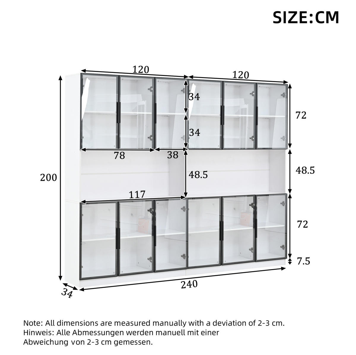 VITRINE 240/34/200 cm aus MDF und Glas mit LED-Beleuchtung und 12 Türen Weiß - Weiß, Holzwerkstoff (240/200/34cm) - Modenvie