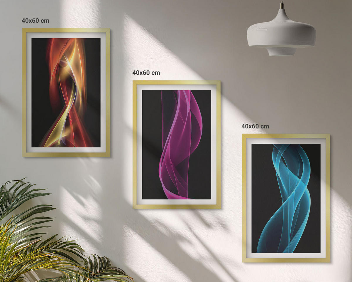 BILDER SET 3er Set - 40x60 cm Goldrahmen - Neonwellenlinien auf dunklem Hintergrund - Goldfarben, Kunststoff (40/60cm) - TULUP