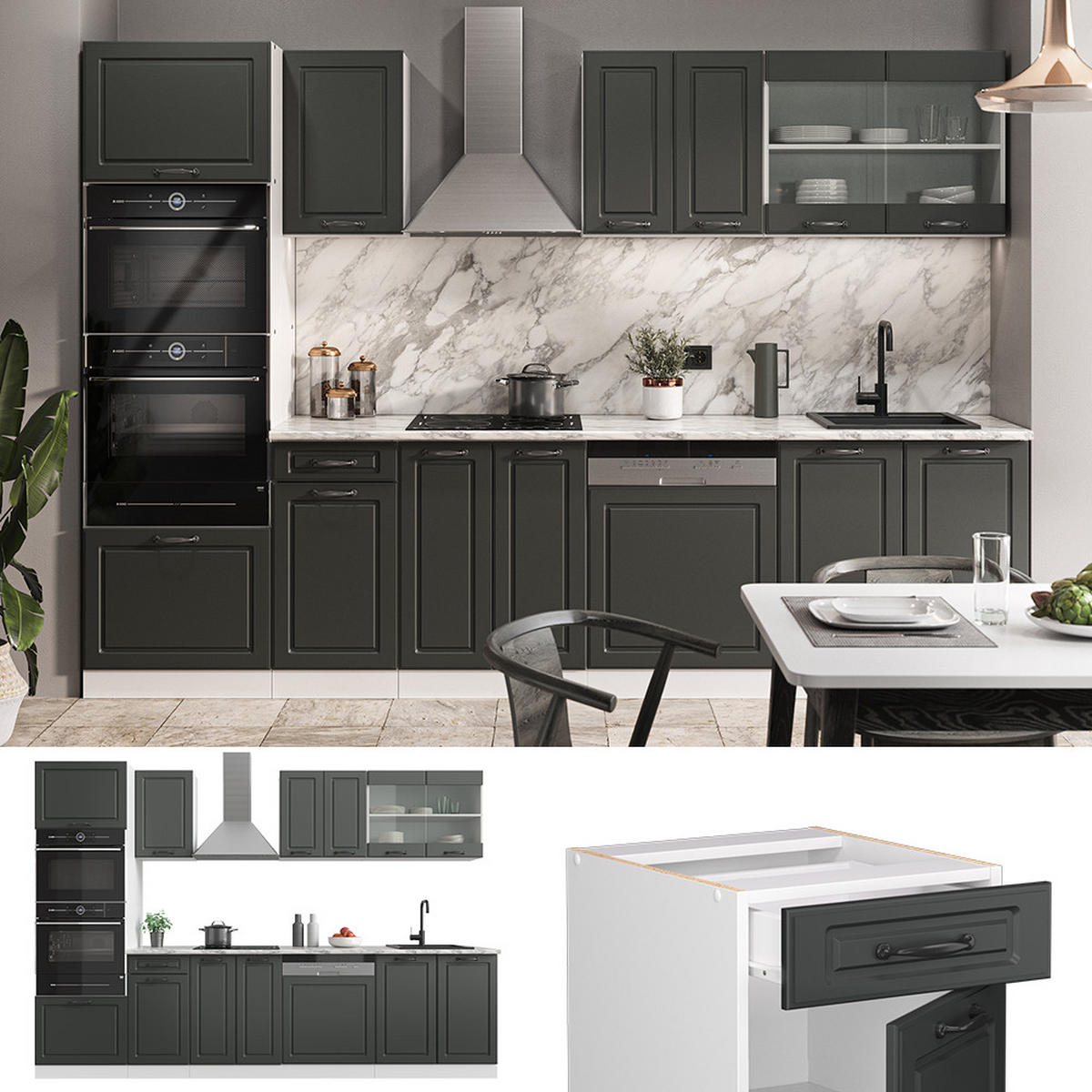 KÜCHENZEILE R-Line Anthrazit Landhaus/Weiß 300 cm mit Hochschrank AP Marmor - Anthrazit/Weiß, Holzwerkstoff (300/81.6/60cm) - Vicco