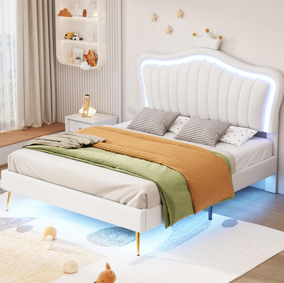 POLSTERBETT 140/200 cm weiß mit LED-Beleuchtung und Kronen-Kopfteil - Weiß, Textil (140/200cm) - OKWISH