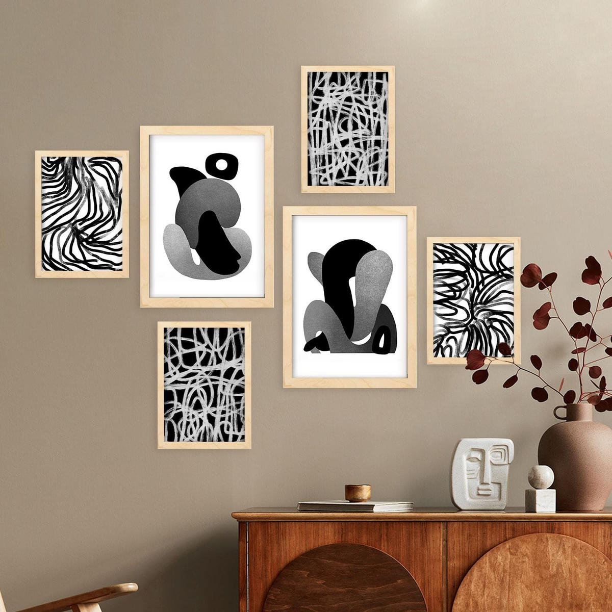 POSTER Set Mit 6 Kaput Handwerk In Liebhaber Abstrakt Ästhetische Dekorative Gemälde Für Ihr Wohnzimmer Zuhause A3 & A4 Rahmen Aus Hellem Holz - Beige, Papier (29/3cm) - Nacnic