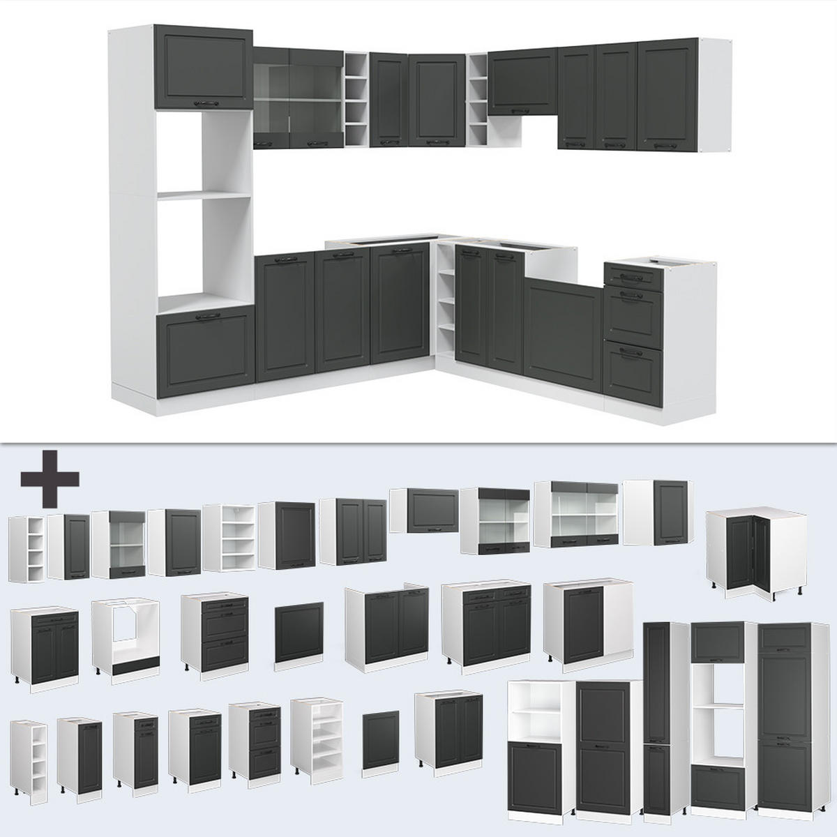 ECKKÜCHE R-Line Anthrazit Landhaus/Weiß 237 x 247 cm, AP Anthrazit - Dunkelgrau/Weiß, Holzwerkstoff (247/81.6/60cm) - Vicco