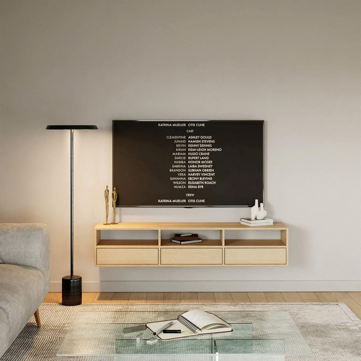 TV-LOWBOARD Framme hängend, 3 Klappen und Ablagen, Eiche, 150/30/30 cm - Beige, Holzwerkstoff (150.1/30/30cm) - Selsey