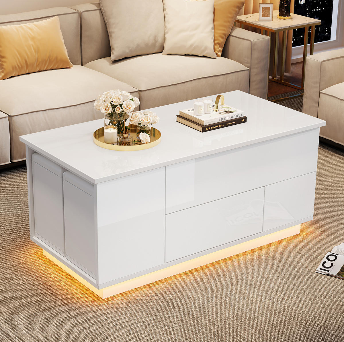 KONFERENČNÍ stolek 100/50/45 cm bílý z dřevotřísky s LED osvětlením a výškovým nastavením - bílá, kompozitní dřevo (100/50/45cm) - OKWISH