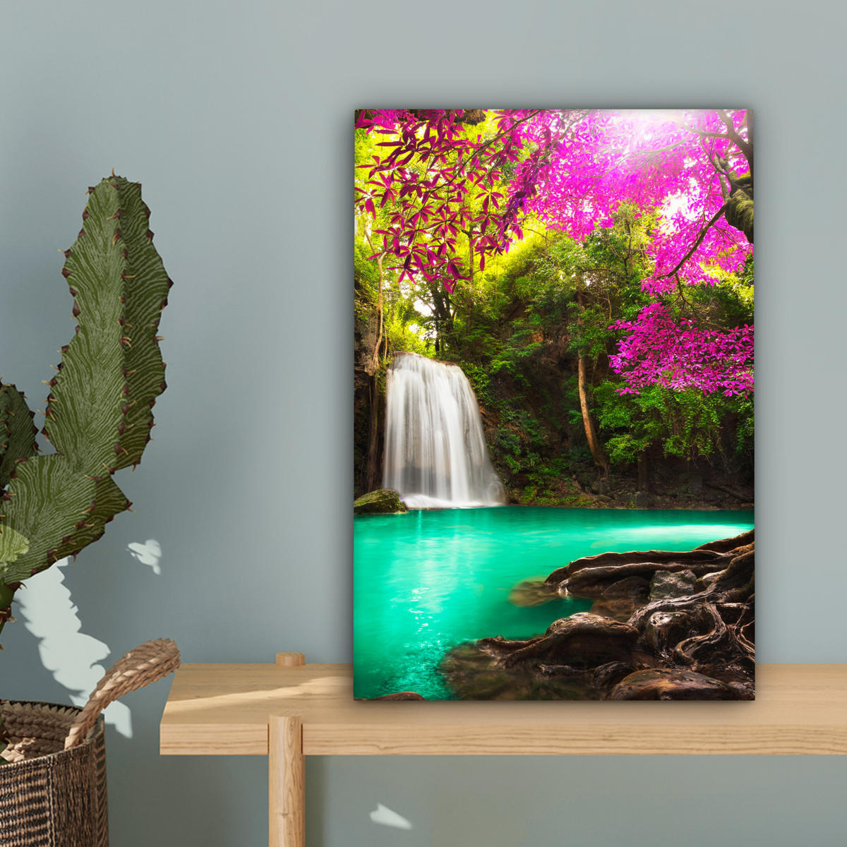 LEINWANDBILD Wasserfall mit bunten Blumen und Bäumen - Natur - Dschungel 20x30 cm - Waldgrün, Textil (20/30cm) - MuchoWow