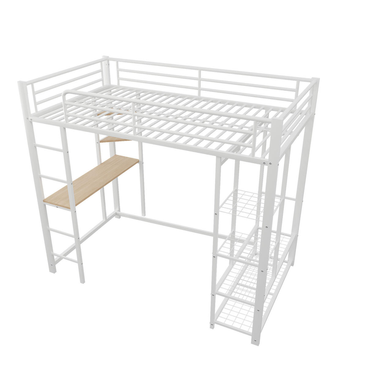 HOCHBETT aus Metall 90x200 cm in Weiß mit Schreibtisch & Kleiderstange - Weiß, Metall (90/200cm) - Modfu