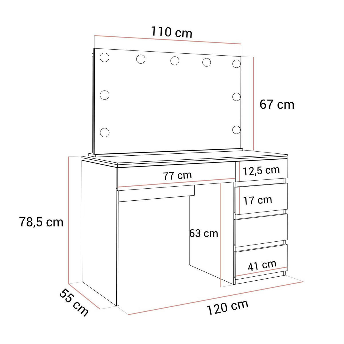 SCHMINKTISCH AURORA II ELITE KASCHMIR mit Spiegel und Beleuchtung - Kaschmir, Holzwerkstoff (120/145/55cm) - Lookway