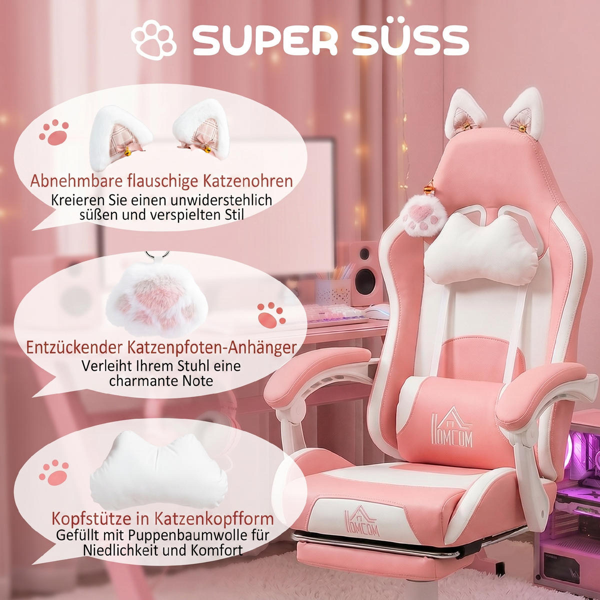 GAMING-SESSEL mit Katzenohren, neigbare Lehne, ausziehbare Fußstütze, bis 120 kg, Rosa/Weiß - Rosa, Leder (62/124/65cm)