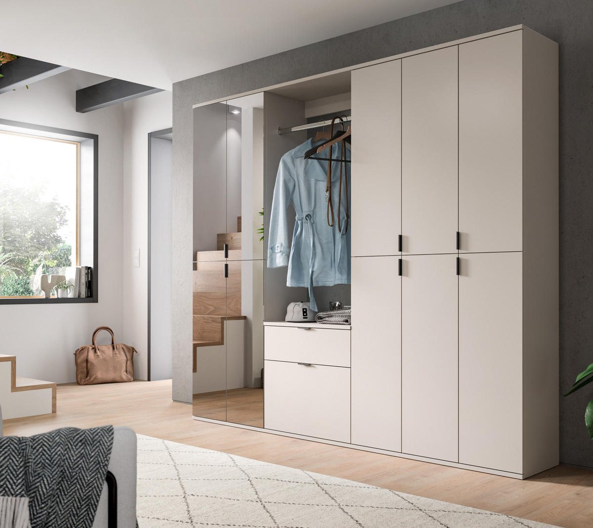 GARDEROBEN-SET Kaschmir 213 x 193 cm, Garderobenschrank mit Spiegel - Kaschmir/Schwarz, Glas/Holzwerkstoff (213/193/34cm) - Inn.Furn