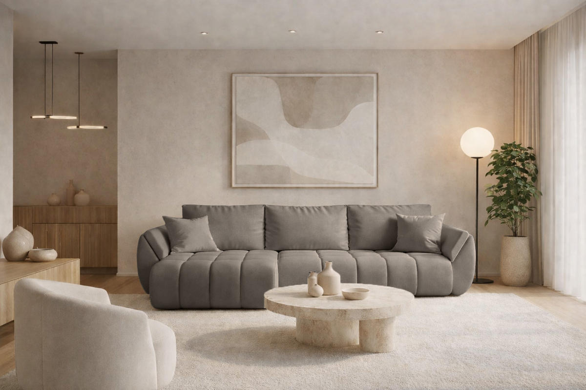 ECKSOFA TOKYO PREMIUM mit Schlaffunktion, Stoff WIND, Braungrau, Links - Grau, Holz (280/190cm) - Kaiser Möbel