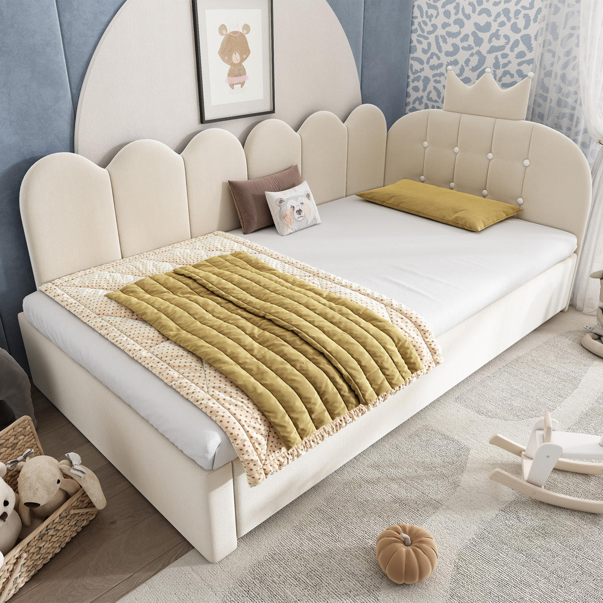 BETT mit Ausziehbett 90x200 cm Samt Beige 2 Schlafplätze - Beige, Holz (90/200cm) - Meubliv