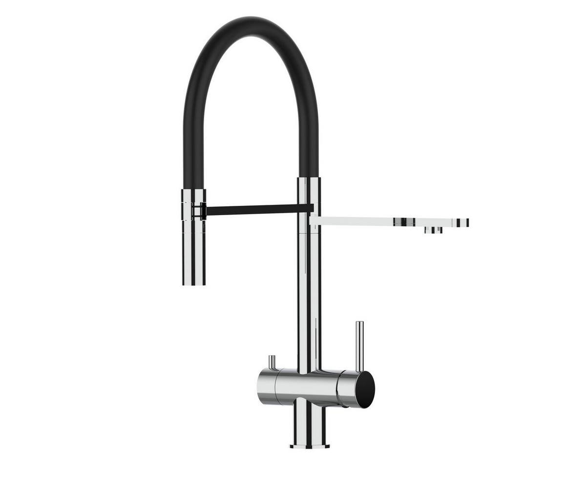 3-WEGE-KÜCHENARMATUR, Edelstahl Massiv aus Chirurgenstahl, Hochglanz und Schwarz, 2-Strahl-Brause - Schwarz, Metall (24/49/24cm) - VIZIO