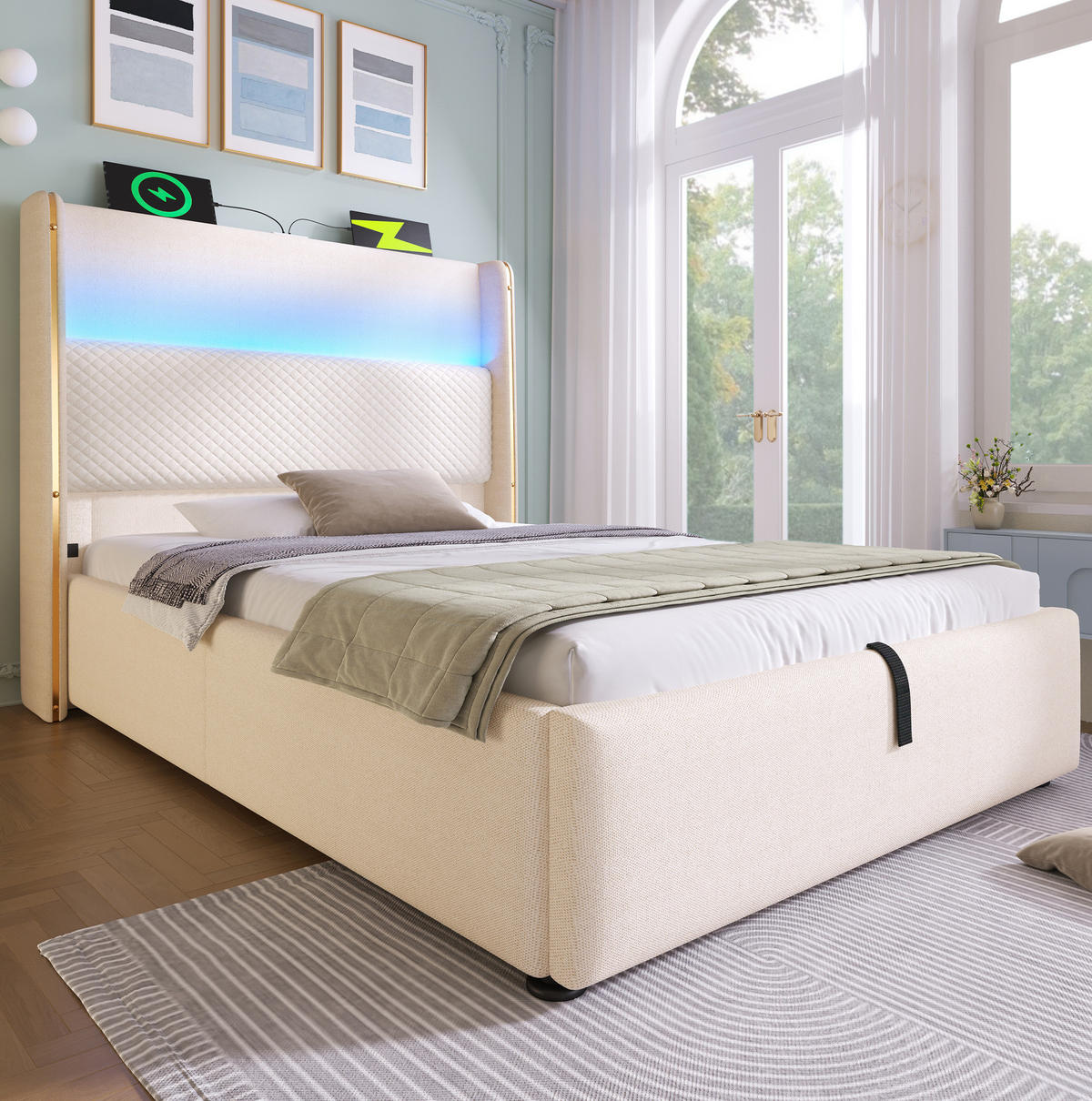 ČALÚNENÁ posteľ z ľanu 90x200 cm béžová s vysokým čelom, LED osvetlením, USB/Type-C a úložným priestorom - béžová, textil (90/200cm) - Modfu