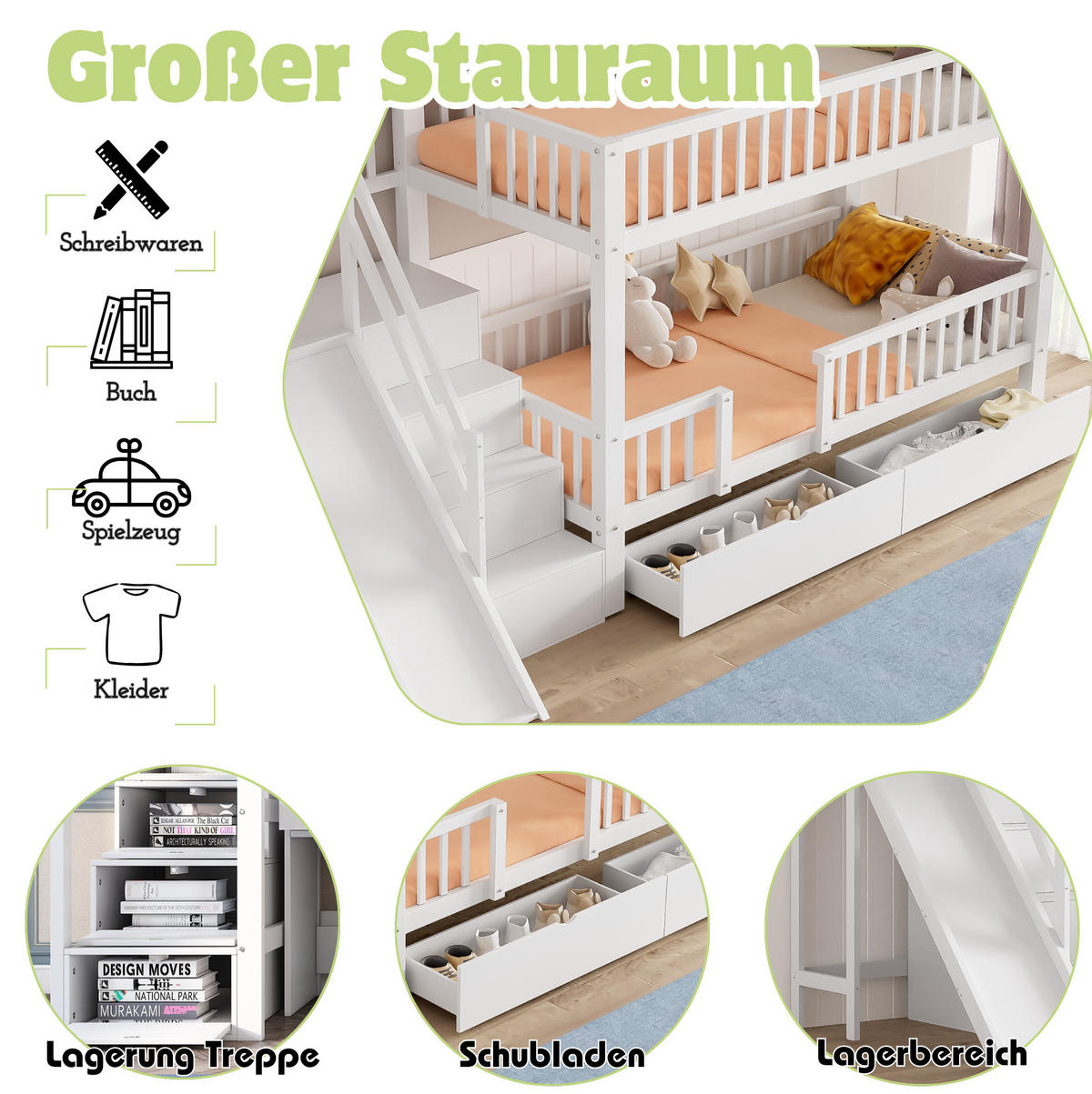 ETAGENBETT 90/200 cm mit Rutsche, Treppe, 2 Schubladen und magnetischer Tür aus Massivholz, Weiß - Weiß, Holz (90/200cm) - Redom