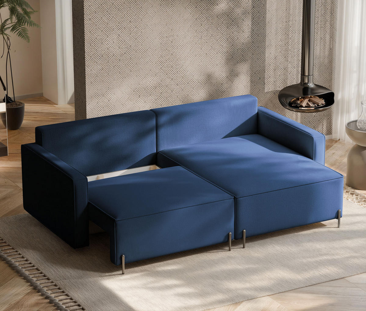 ECKSOFA LEO Rechts, mit Schlaffunktion und Bettkasten, Marineblau - Dunkelblau, Textil/Metall (229/148cm) - Idohome