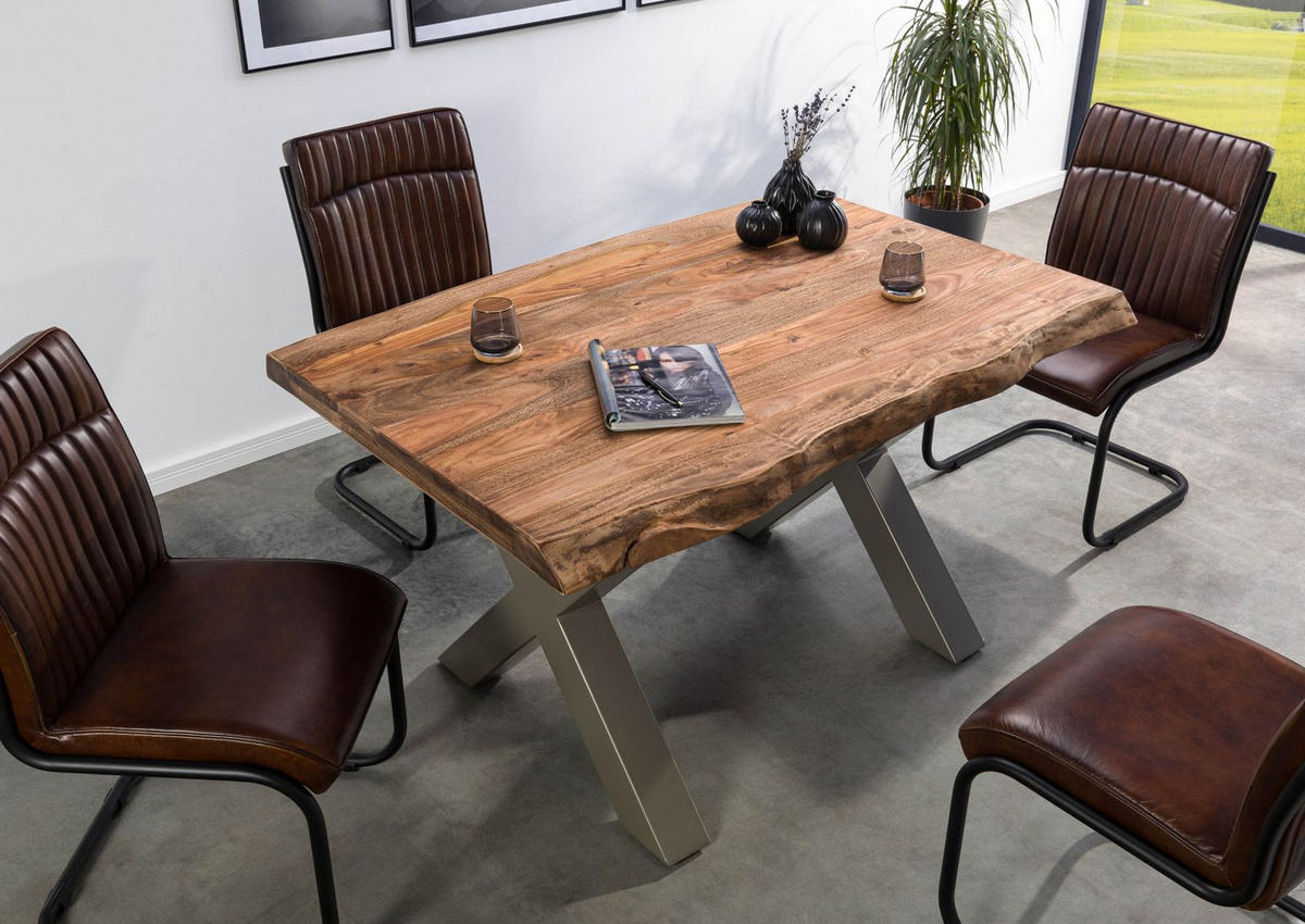 BAUMTISCH Sheesham 140x90x77 grau gebeizt / X-Beine silber matt FREEFORM 5 - Silberfarben/Grau, Holz (140/90/77cm) - Massivmoebel24