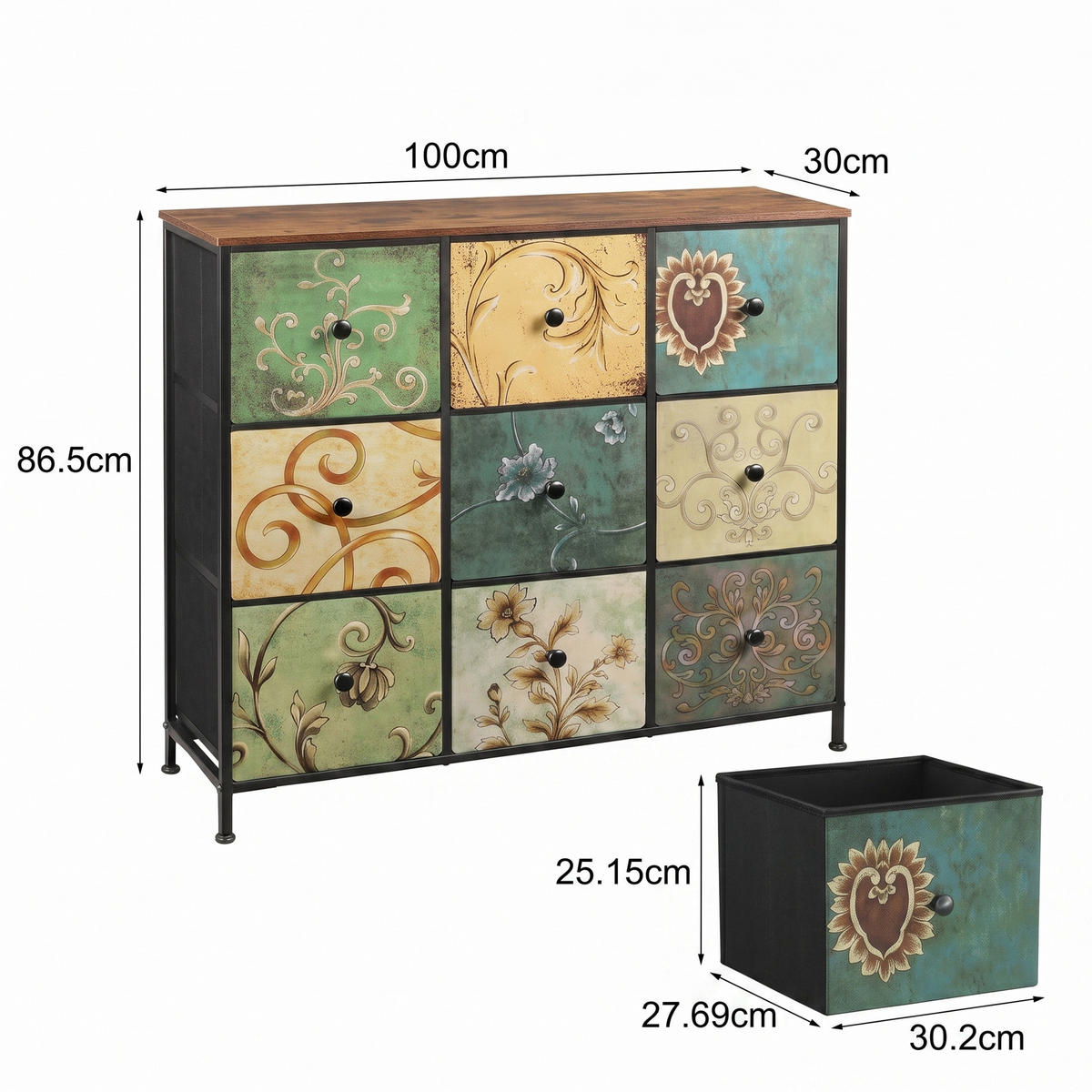 STOFFKOMMODE Vintage mit 9 Schubladen 100/30/86.5 cm Rustikal-Braun - Braun, Holzwerkstoff (100/86.5/30cm) - Creahappy