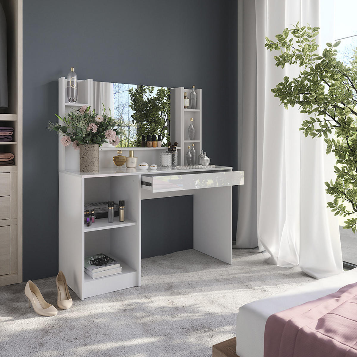 SCHMINKTISCH Sherry Weiß/Weiß Hochglanz 119.8 cm 4 Teile - Weiß Hochglanz, Holzwerkstoff (119.8/76/50.1cm) - Vicco