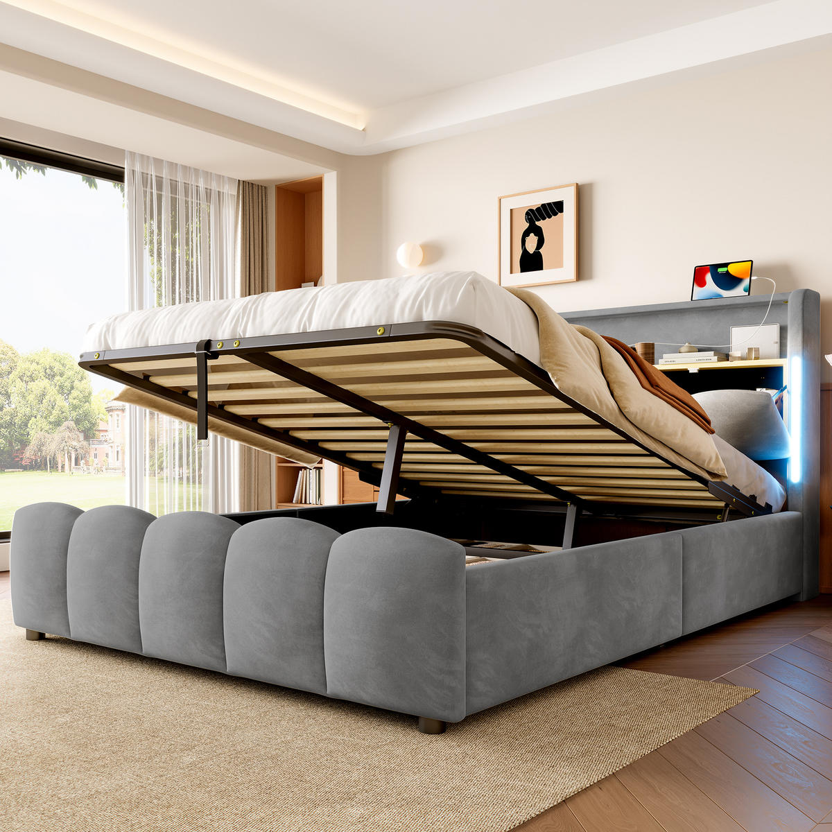 POLSTERBETT 140x200cm Grau Samt LED-Licht Kopfteil Hydraulik USB-C - Grau, Holz (140/200cm) - FLIEKS