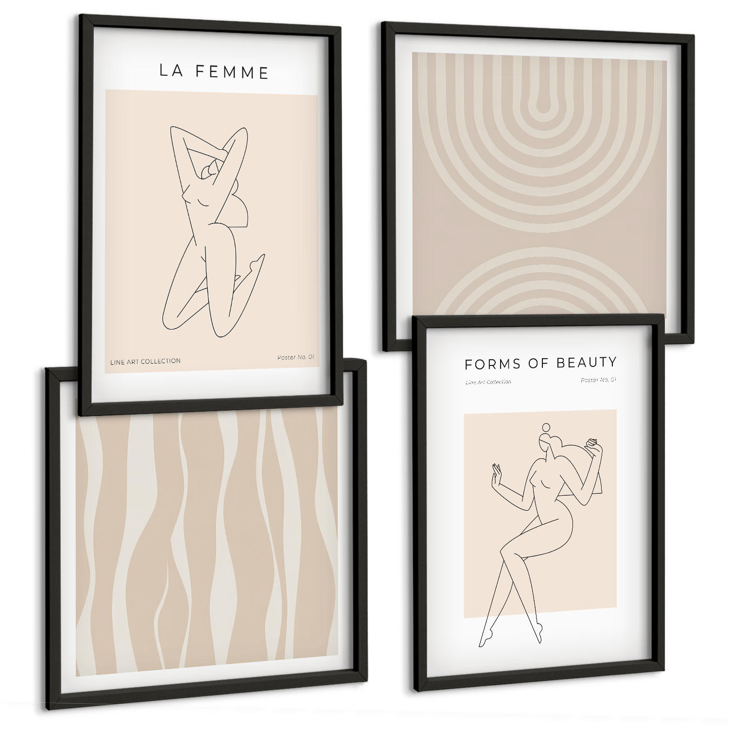 BILDER SET 4er Set - 50x50 cm & 40x60 cm Schwarzer Rahmen - Eine Sammlung minimalistischer Formen - Schwarz, Kunststoff (50/50cm) - TULUP