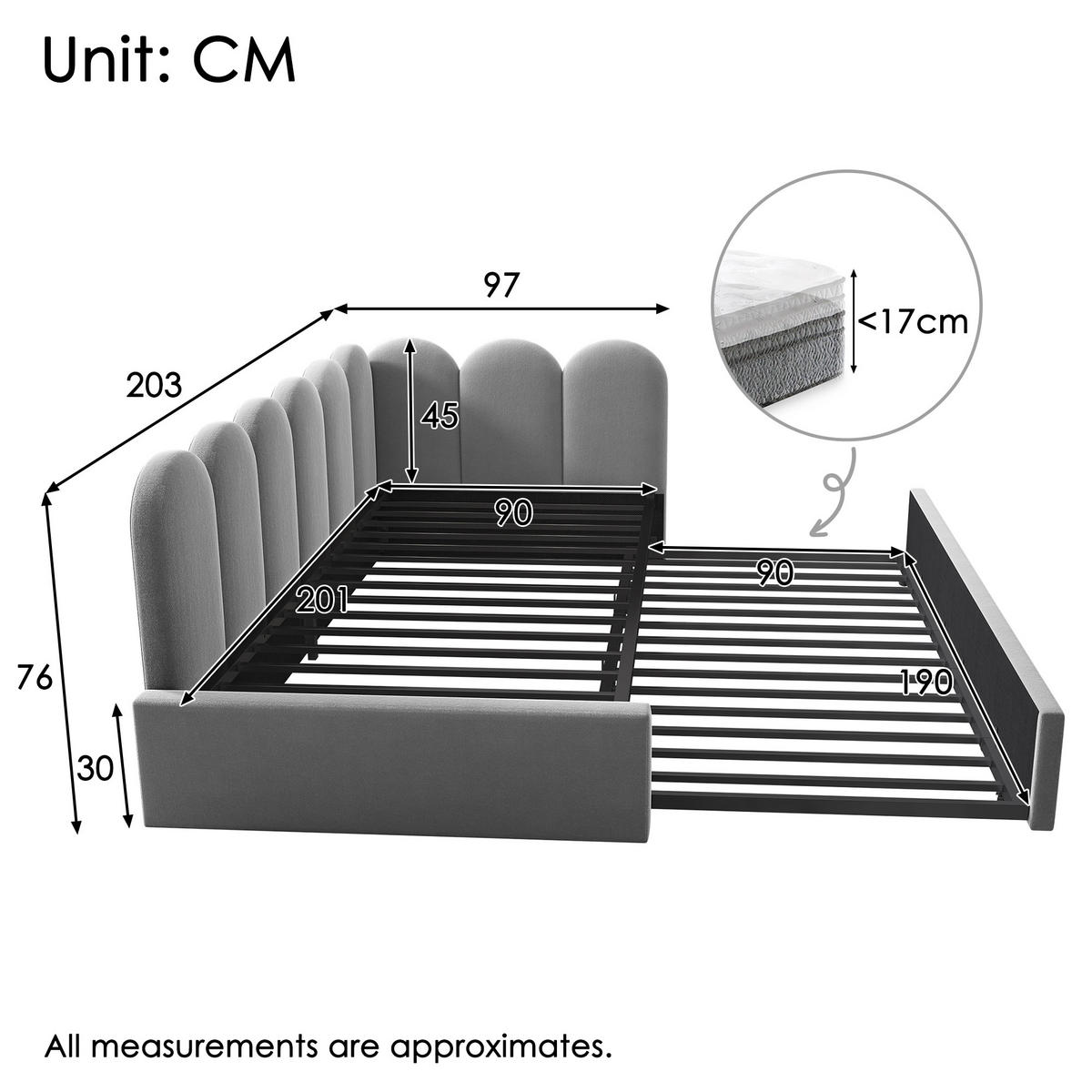 TAGESBETT 90/200 cm Ausziehbett 90/190 cm Samt Grau - Grau, Textil - OKWISH