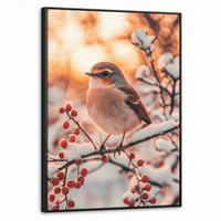 LEINWAND Bilder mit Rahmen - Vogel - Zweig - Winter - Tiere - Schnee - 70x100 - Bernsteinfarben, Textil (70/100cm) - MuchoWow