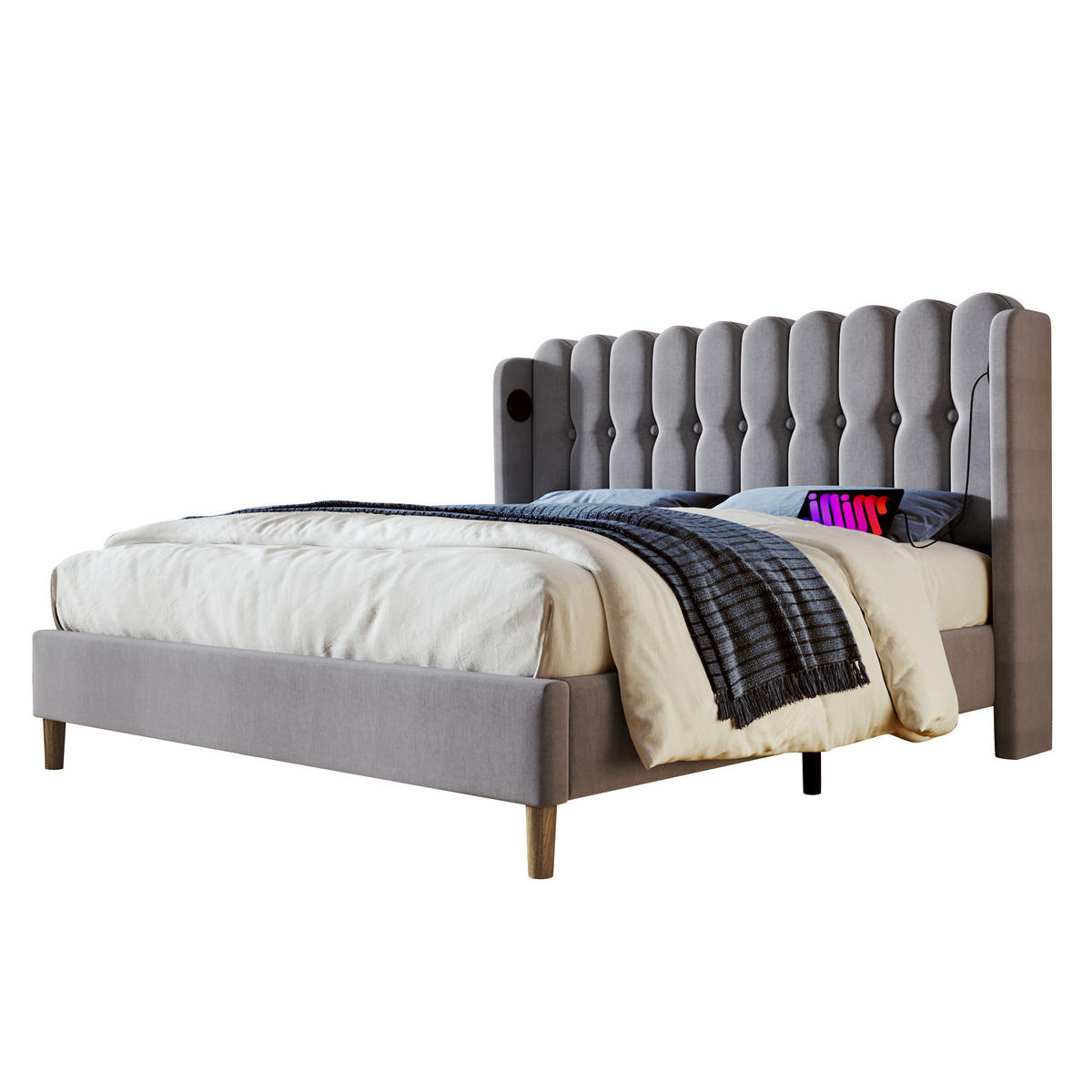POLSTERBETT 160/200 cm Grau aus Leinen mit USB- und Type-C-Anschlüssen - Grau, Textil (160/200cm) - Flora Grace