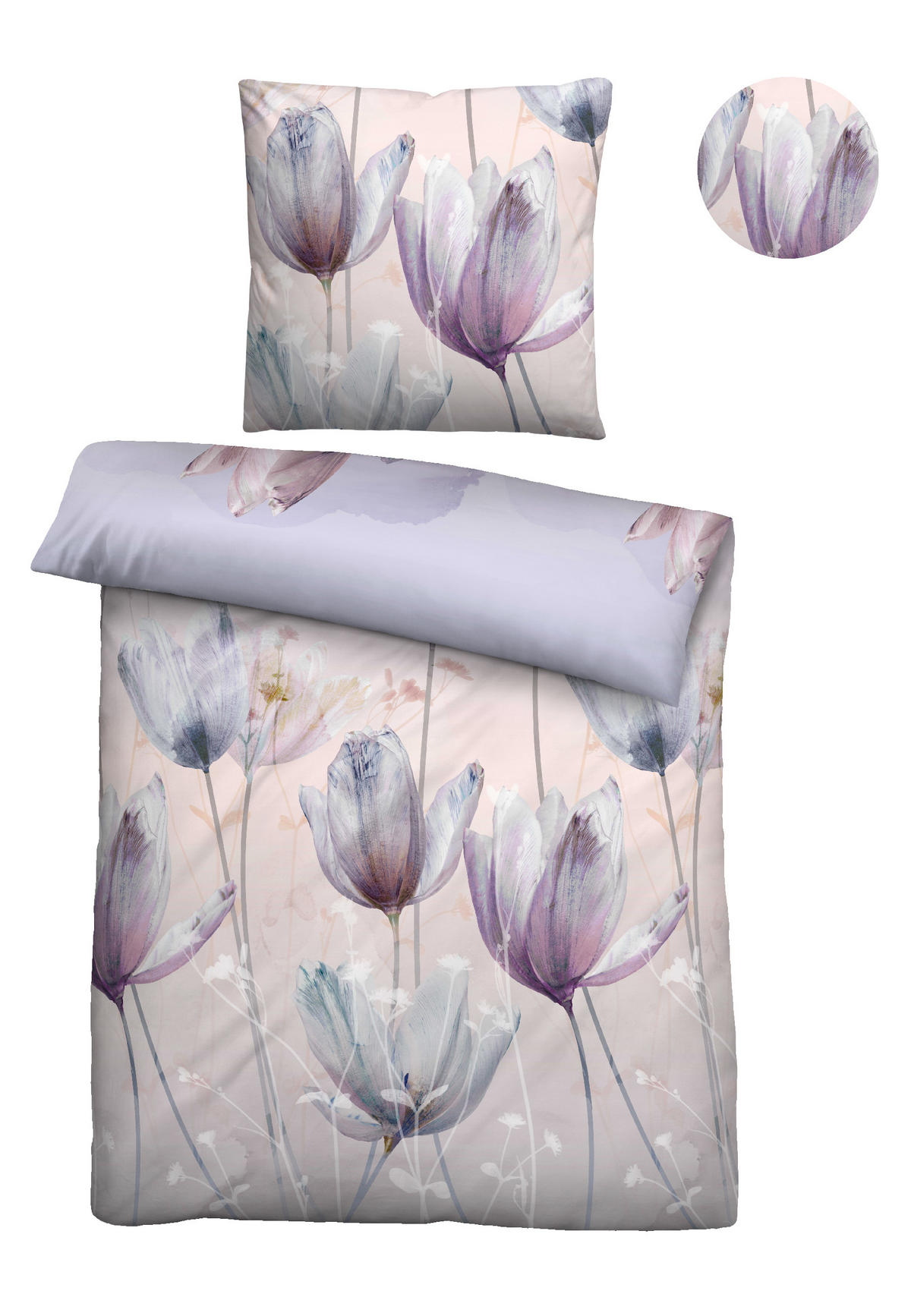 BETTWÄSCHE-GARNITUR Satin Tulpe flieder, 155x220 cm + 80x80 cm - Flieder, Textil (155/220cm) - biberna