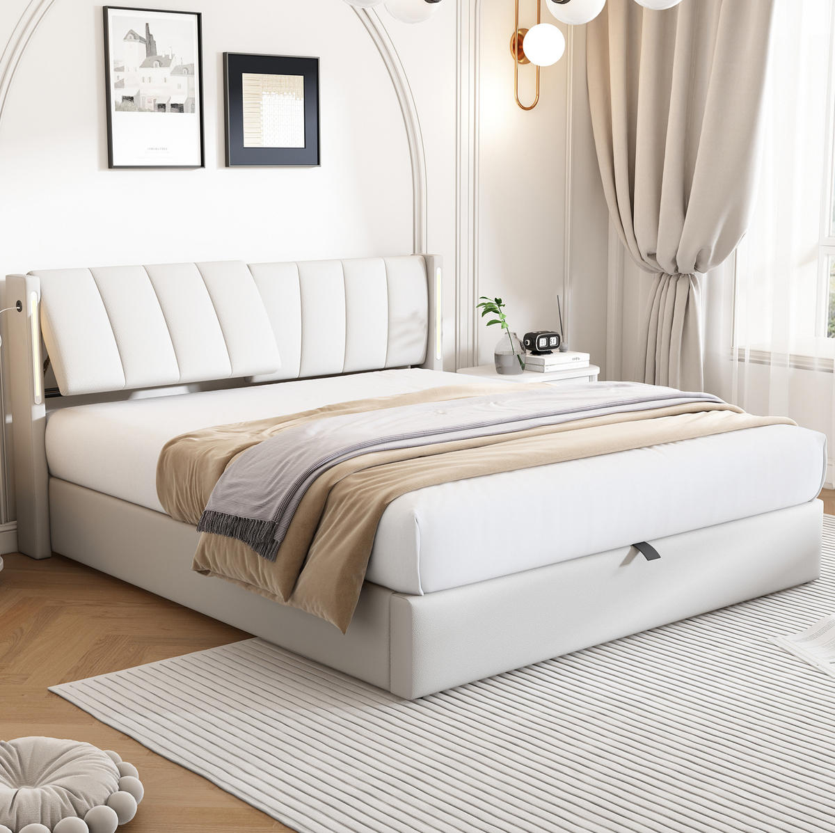POLSTERBETT 140/190 cm aus PU mit LED-Beleuchtung, USB-Anschluss, verstellbarem Kopfteil und Bettkasten, Weiß - Weiß, Kunststoff (140/190cm) - Redom