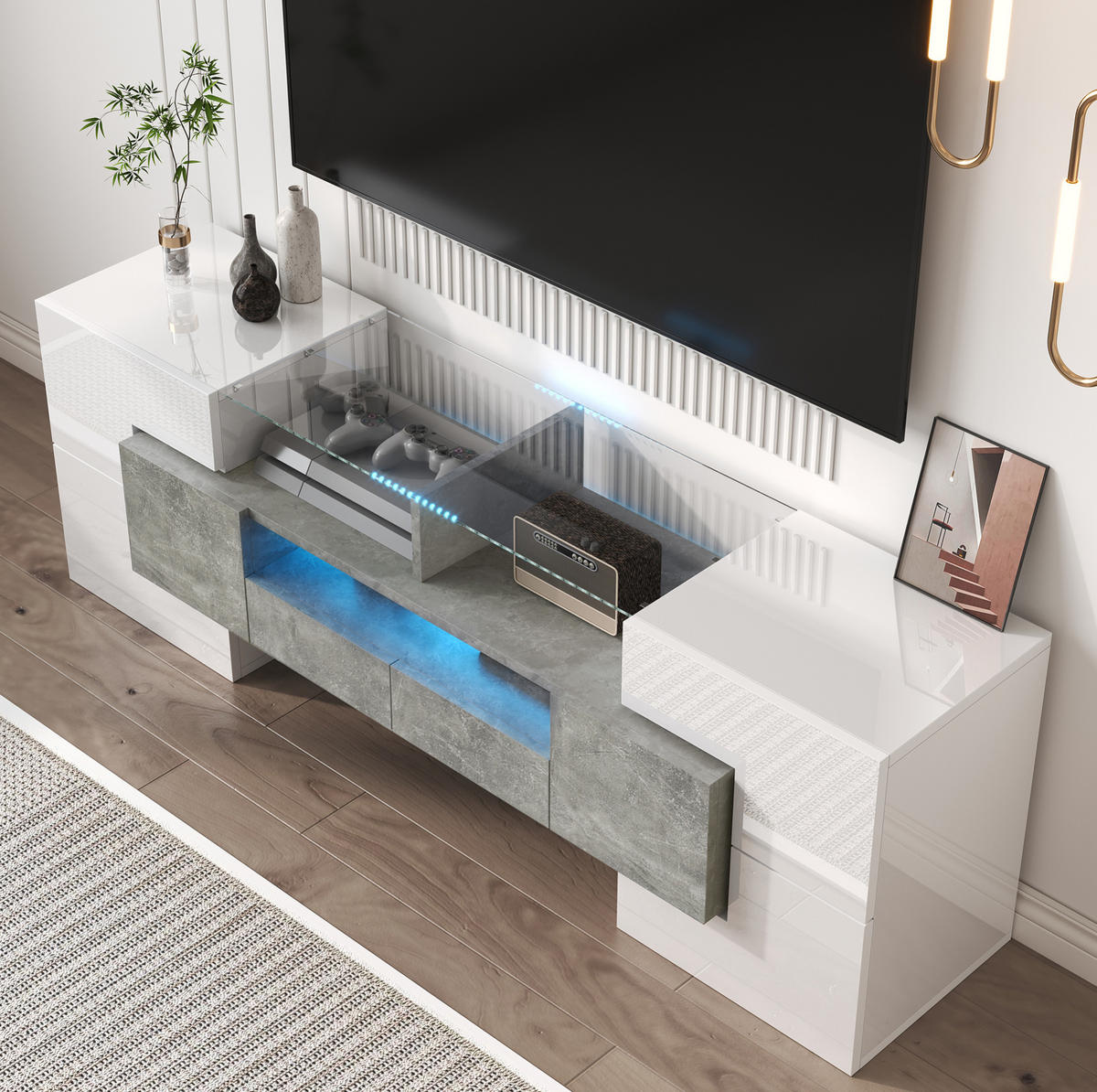 TV-SCHRANK mit LED-Beleuchtung 145 x 30 x 51 cm Weiß-Beton - Beige, Holzwerkstoff (30/51/145cm) - Beauniv
