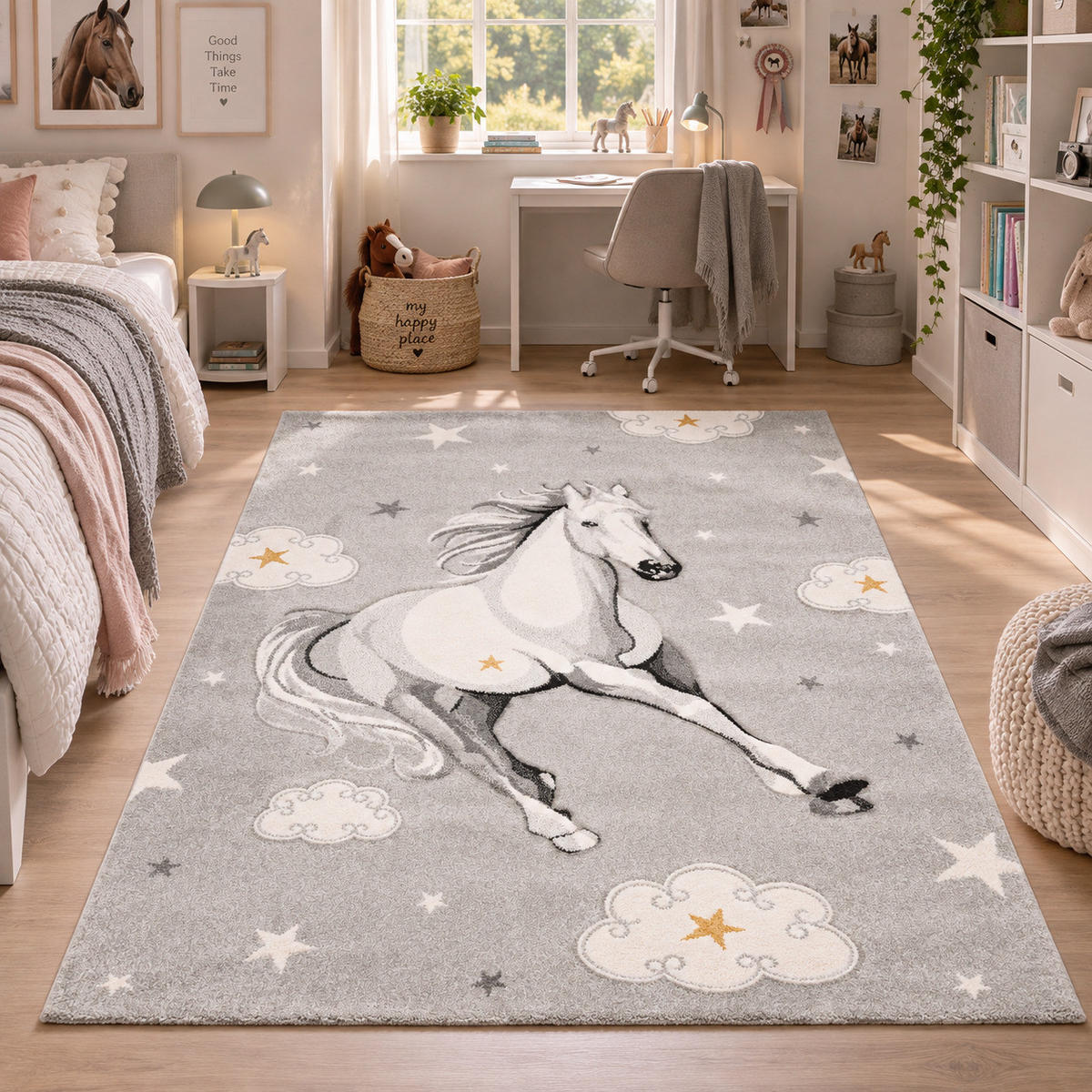 KINDER TEPPICH MAUI KIDS PFERD STERNE - Grau, Textil (200/290cm) - Pergamon