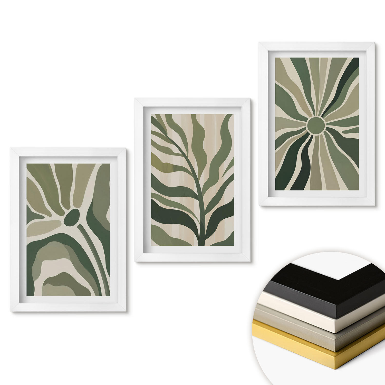 WANDBILDER 3er-Set - 20x30 cm Weißer Rahmen - Grüne und beige Pflanzenmuster - Weiß, Kunststoff (20/30cm) - ArtPrintCave