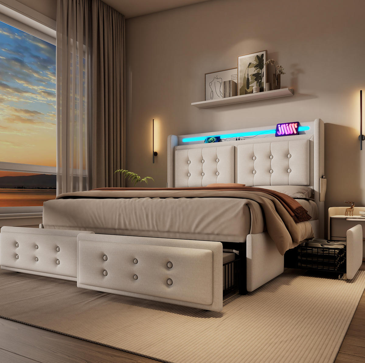 POLSTERBETT 160/200 cm mit LED-Beleuchtung, USB/Typ-C & 4 Schubladen,Beige - Beige, Textil (160/200cm) - Redom