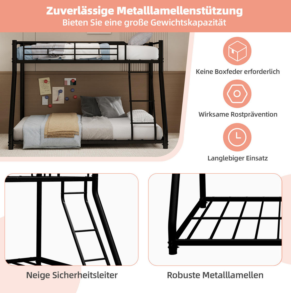ETAGENBETT Kinderbette 196,6/146,6/139 cm aus Eisen mit geräuscharmer Konstruktion Schwarz - Schwarz, Metall (140/190cm) - Modenvie