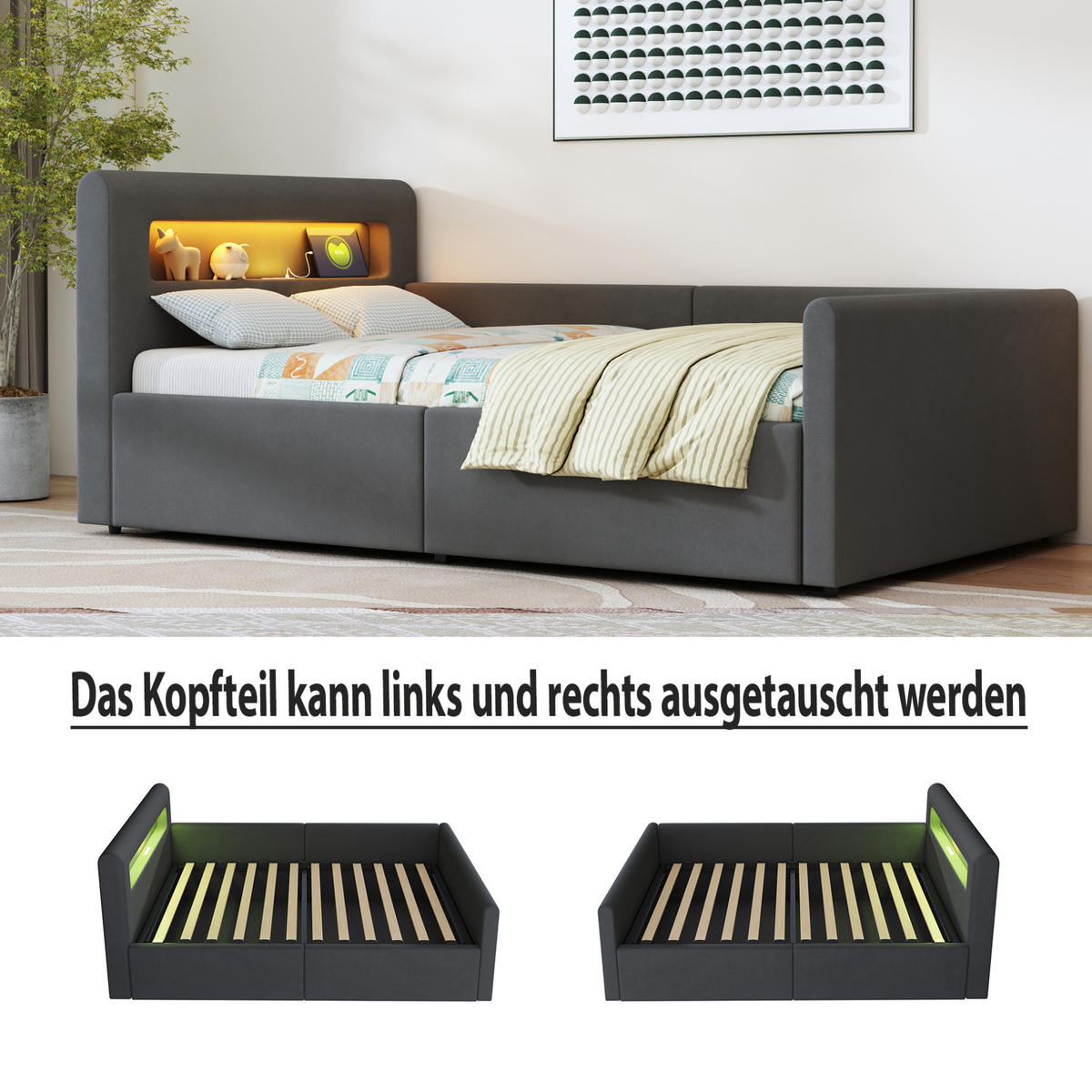 KINDERBETT 90/200 cm aus Samt mit LED-Beleuchtung und Hydraulik-Stauraum Dunkelgrau - Grau, Textil (90/200cm) - Modenvie