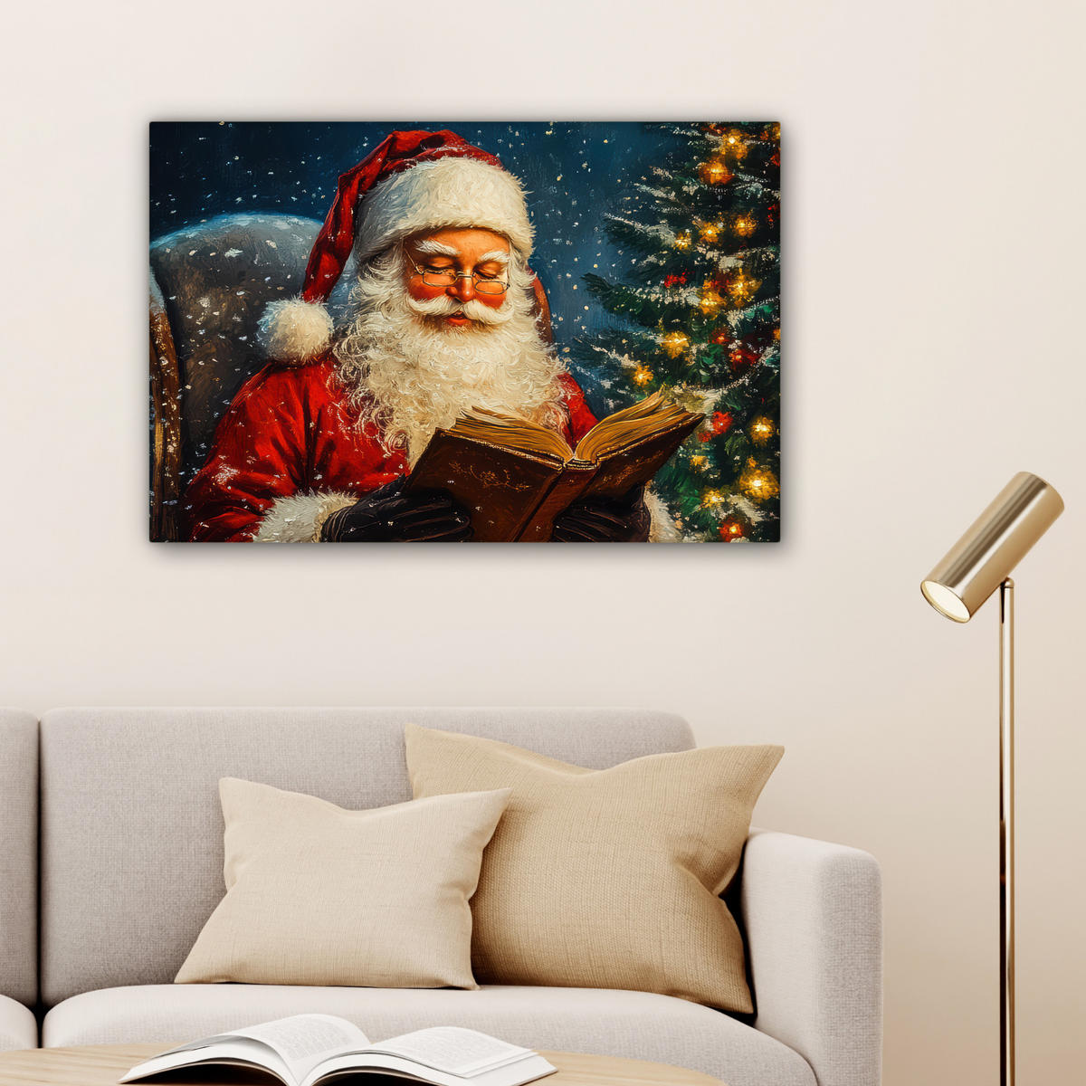 LEINWANDBILD Weihnachtsmann - Weihnachten - Winter - Weihnachtsbaum Wanddeko 90x60 cm - Bordeaux, Textil (90/60cm) - MuchoWow