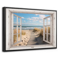 LEINWAND Bilder mit Rahmen - Fenster - Meer - Küste - Natur - Ausblick - Strand - Wattenmeer - 30x20 - Beige, Textil (30/20cm) - MuchoWow