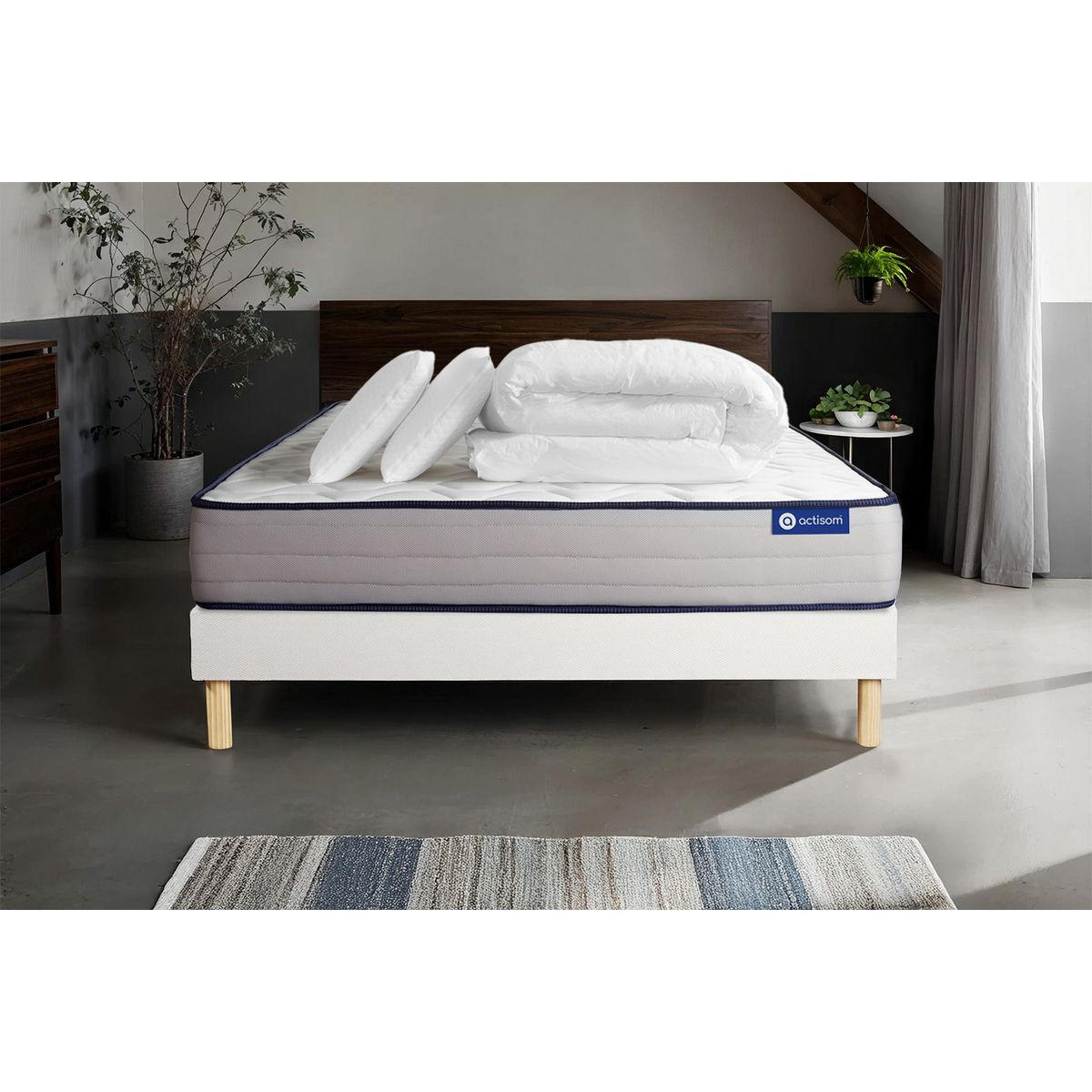 BETT Actimemo form Memory-Schaum 200 x 200 cm h3 - Kit Bettgestell Weiß - Mit Kissen und Bettdecke - Beige/Weiß, Karton/Holz (200/200cm) - ACTISOM